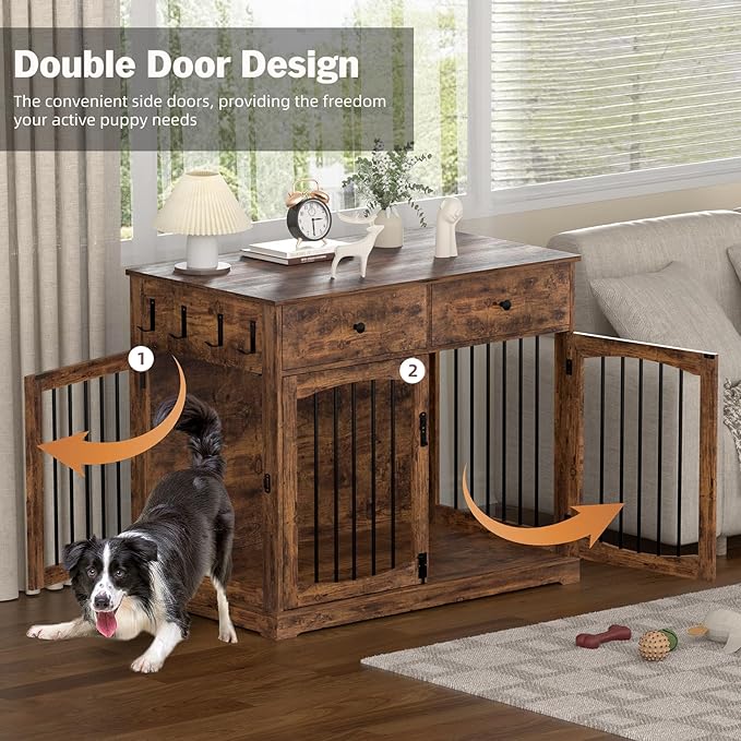 40 Inch Furniture-Style Dog Crate-Multipurpose Wood Pet Crate Furniture with Double Doors,2 Drawers, Decorative Dog House Indoor for Smal/Medium Dogs, Brown Finish