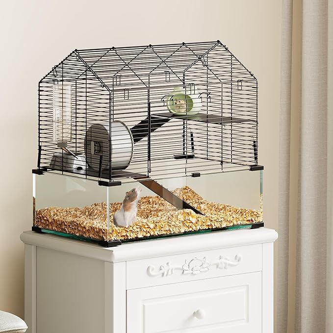 Large Hamster Cage with 7" Deep Tempered Glass Bottom, 3 Tiers Big Hamster Tank with Running Wheel, Hut, Water Bottle, Dish, Rat Cages for Syrian, Dwarf, Gerbils, Mouse, 22.83" x 15" x 21.25"