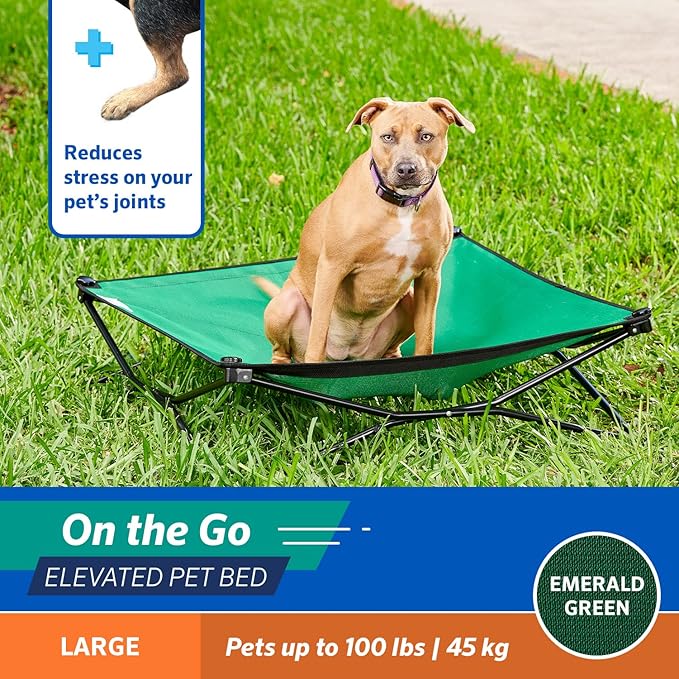 Coolaroo On-The-Go Elevated Dog Bed - Foldable Pop-Up Travel Dog Bed with Breathable, Moisture-Resistant Fabric, Carry Bag Included, Lightweight & Portable, Emerald Green, Large