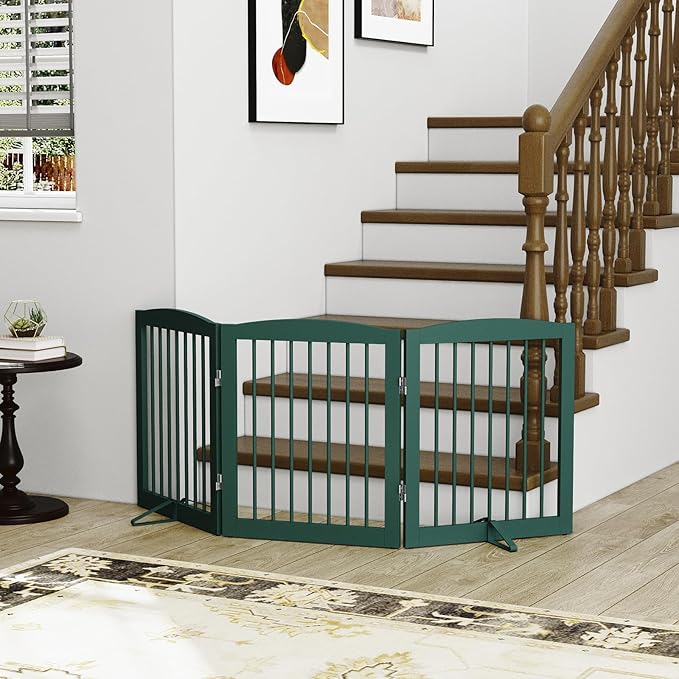 Freestanding Pet Gate for Dogs, Foldable Wooden Dog Gate for House, Indoor Dog Gate for Doorways, Stairs, Step Over Pet Puppy Safety Fence, Support Feet Included,24" Height 3 Panels,Green