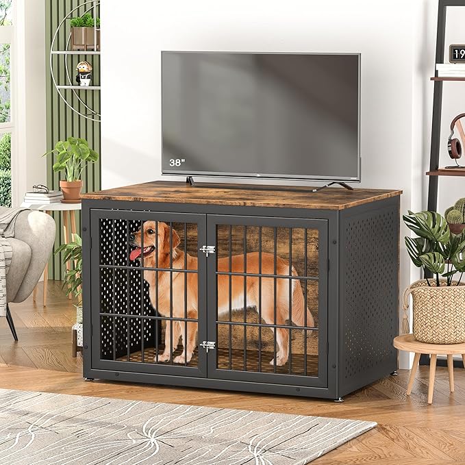 48" Rustic Heavy Duty Dog Crate Furniture for Extra Large Dogs, Metal Kennel for High Anxiety Dogs, Wooden Cage Furniture Indoor, Decorative Dog Kennel End Table, XL