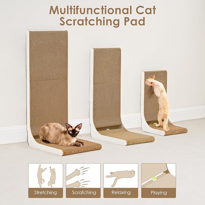 EHEYCIGA Cardboard Cat Scratcher for Indoor Cats, 32 Inch L Shaped Vertical Cat Scratching Board with Ball Cat Toy, Extra Large Cat Scratcher Pad, White