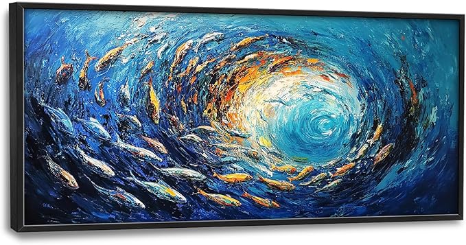 Extra Large Framed Abstract Ocean Fish Wall Art,Oversized Blue Sea Nautical Fish Wall Decor Pictures for Living Room,Canvas Print Painting Modern Artwork Bedroom Office Bathroom Home Decor 60L x30W