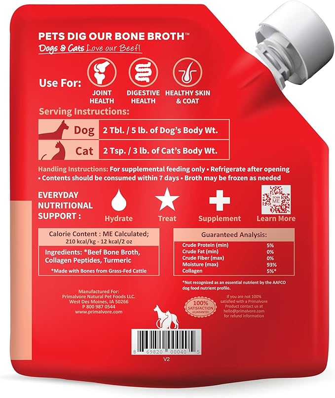 Primalvore Grass-Fed Beef Bone Broth for Dogs &Cats, Mobility Formula w/Collagen Peptides to Help Support Hip & Joints, Digestion, Skin & Coat and Hydration, Human Grade, Made in USA. Beef 6 Pack