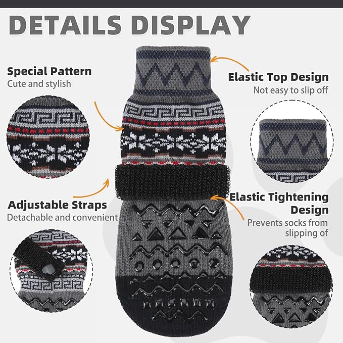 KOOLTAIL Dog Socks to Prevent Licking Paws for Hardwood Floors Anti Slip, Winter Warm Pet Boots&Paw Protector with Grippers, Double Sides Dog Shoes Booties for Small Medium Large Senior Dogs Grey L