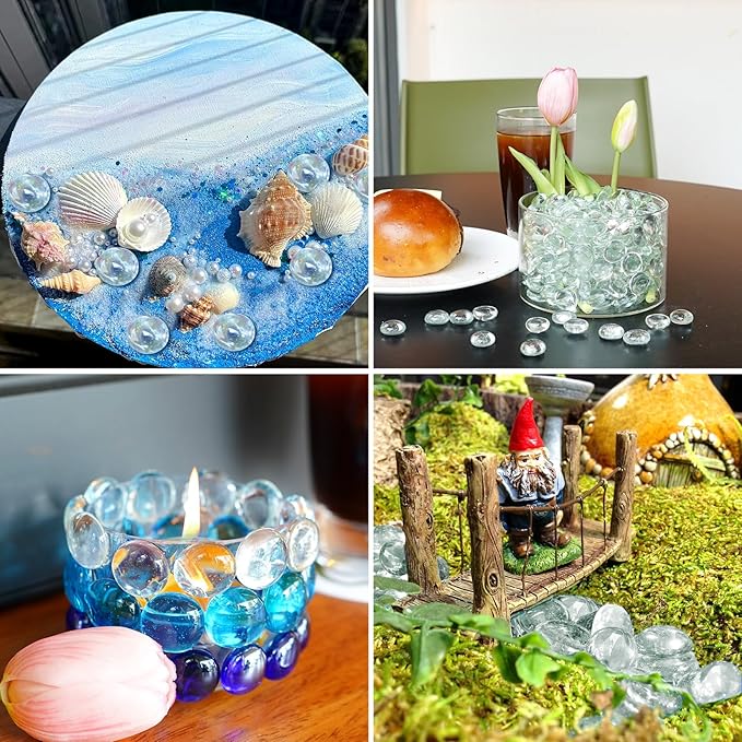 1LB Clear Flat Glass Marbles for Vases, Gemstone Beads Vase Filler Decorative Glass Pebbles for Fish Tank, DIY Crafts, Aquarium Decor Rocks