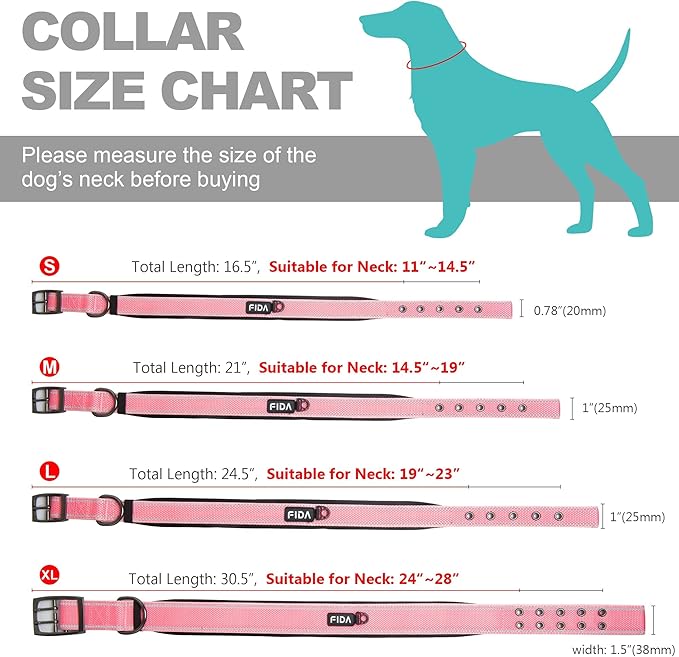 Fida Heavy Duty Dog Collar, Ultra Comfortable Soft Neoprene Padded, Adjustable Reflective Nylon Pet Collar with Durable Metal Belt Buckle for Small Breeds (S, Pink)