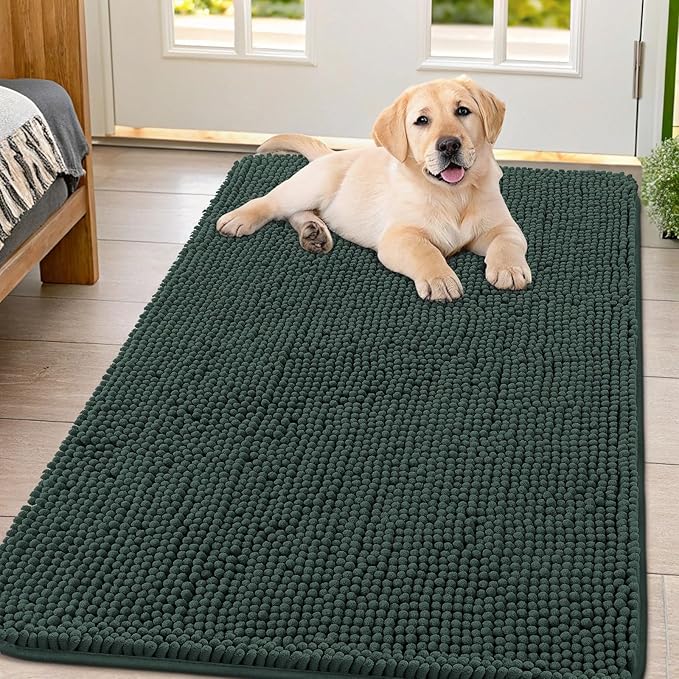 Smiry Dog Door Mat for Muddy Paws 47x32, Absorbs Moisture and Dirt Doormat, Non-Slip Washable Quick Dry Chenille Front Door Mat Indoor Entrance, Entryway Carpet for Inside Floor, Green