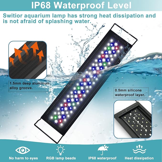 24/7 LED Aquarium Light, IP68 Waterproof Extendable Bracket Fish Tank Light with Timer, 7 Colors, 10 Level Adjustable Brightness, DIY Mode Full Spectrum Aquarium Plant Light for 48-54 Inch Fish Tank