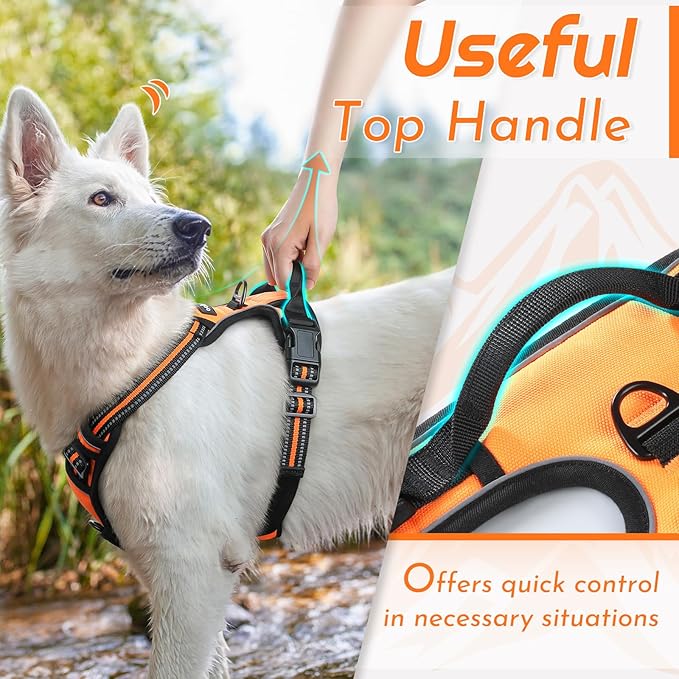 Eagloo Dog Harness for Large Dogs, No Pull Service Vest with Reflective Strips and Control Handle, Adjustable and Comfortable for Walking, No Choke Pet Harness with 2 Metal Rings, Orange, L