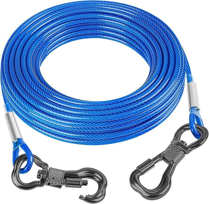 Tresbro 40FT Reflective Tie Out Cable for Dogs Up to 250 Pounds, Steel Wire Lead Leash Cable with Stainless Rotatable Clip, Lightweight and Enduring, Dog Lead Chains for Outside,Yard,Camping, Blue