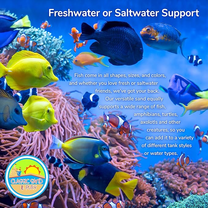 CLASSIC SAND & PLAY Natural Aquarium Sand for Freshwater and Saltwater Tanks, 20 lb. Bag, Improves Filter Life and Filtration Process, Pre-Washed Fine Sand, Natural