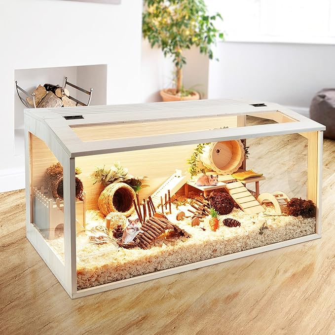 Prolee Hamster Cage Chewproof Wood, Mice and Rat Habitat Openable Top with Acrylic Sheets Solid Built, Small Animal Cage, 40 Inch Length