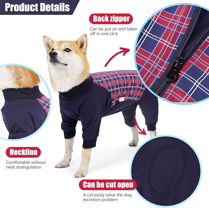 Dog Recovery Suit, Abdominal Wound After Surgery Wear, Anti Licking Bodysuit with Zipper, E-Collar & Cone Alternatives, Plaid Dog Spay Surgical Onesie Prevent Shedding(XL, Red)