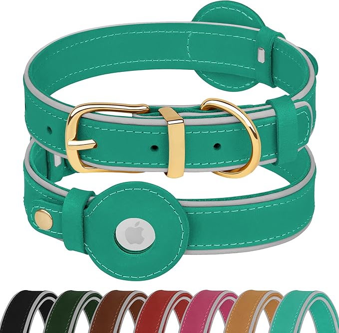 OOPSDOGGY Reflective Geniune Leather Airtag Dog Collar Soft Padded Collars for Small Medium Large Breed Dogs Puppy, 4 Sizes, 7 Colors (Teal, Small, 9"-12")