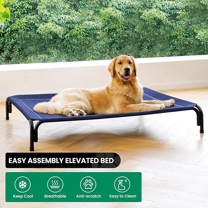 Elevated Dog Bed Raised Outdoor Dog Cot for Large Dogs, Installation Requires No Tools, Frame with Washable Cooling Breathable Mesh Anti-Slip Feet, Indoor Pet Bed, Blue, 43.3 Inches