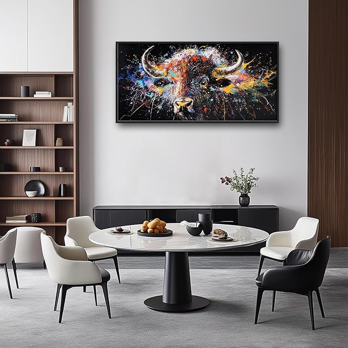 Framed Large Bison Buffalo Wall Art for Living Room, Oversized Graffiti Yak Cow Wall Decor Banksy Bull Canvas Painting Animal Pictures Modern Artwork for Living Room Bedroom Office 60"x30"