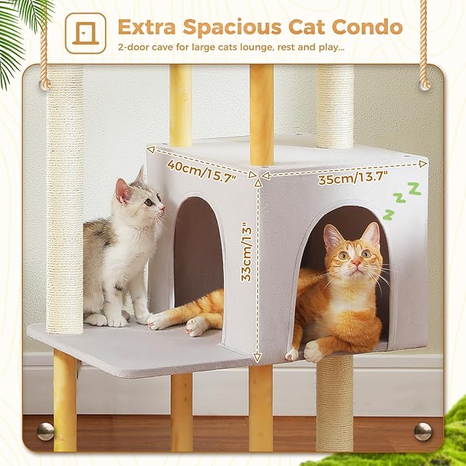 PAWZ Road Large Cat Tree, 53 Inches Modern Wooden Cat Tower for Indoor Cats, Multi-Level Cat Condos with Long Scratching Posts and Natural Wood Posts，Gray