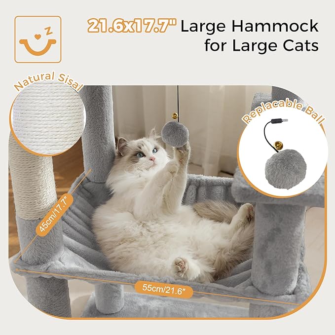72” Cat Tree for Large Cats Big Cat Tower with Enlarged Hammock 21.6x17.7” Spacious Cats Condo House and Roomy Top Bed and Multiple Scratch Posts for Indoor Adult Cats (Grey, XLarge-72)