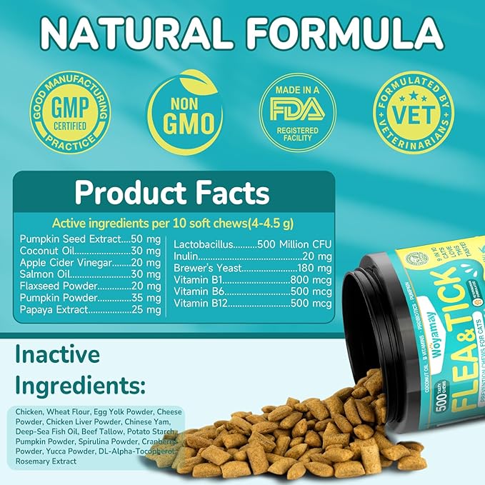 4-IN-1 Flea and Tick Prevention for Cats, 500 Crunchy & Creamy Chews, Cat Flea Treatment, Natural Oral Flea Treatment for Cats, Daily Support for Flea, Immune, Skin & Coat, Gut, Chicken Flavor
