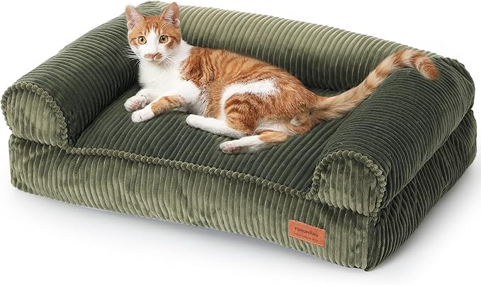 FUKUMARU Dog Couch Bed, Corduroy Cozy Cat Bed for Indoor Cats with Washable Cover, Supportive Waterproof Dog Beds Sofa for Small Dogs and Large Cats Cute, 28inch, Medium, Green