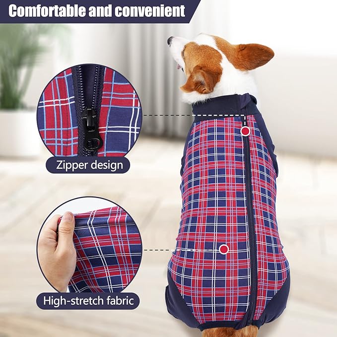 Dog Recovery Suit, Abdominal Wound After Surgery Wear, Anti Licking Bodysuit with Zipper, E-Collar & Cone Alternatives, Plaid Dog Spay Surgical Onesie Prevent Shedding(XL, Red)