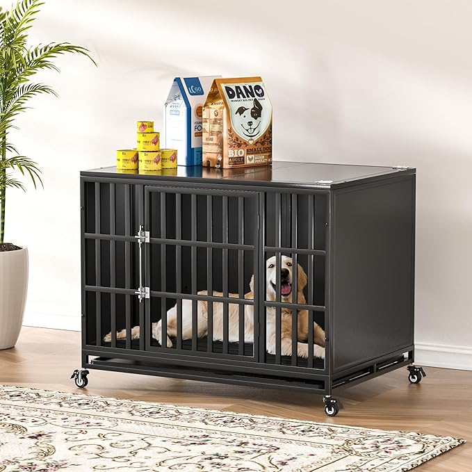 42 inch Heavy Duty Dog Crate with Self-Locking Latch, Indestructible Steel Large Kennel with Enclosed Design, Chew-Proof and Escape-Proof Pet Cage for High Anxiety Dogs