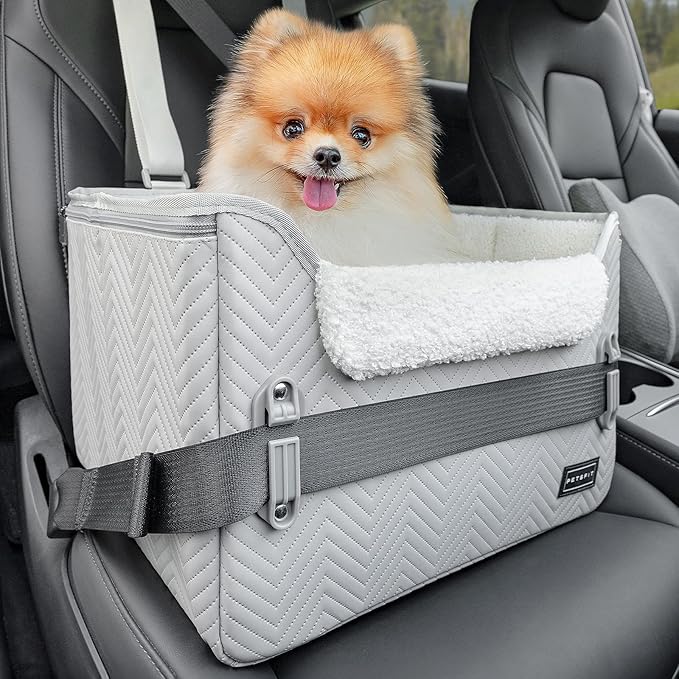 PETSFIT Dog Booster Car Seat, Waterproof PU Leather Dog Car Seats for Small Dogs with Patent Safe Buckles, Clip-On Leash, Pet Car Seat for Small Pets Up to 25lbs (Cool Grey)