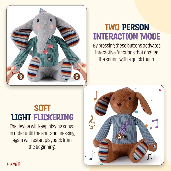 Lumio Musical Stuffed Animal Plush Toy with Lights & Sounds - Cute Interactive Toy for Newborns, and 3 6 12 to 48 Months (Bunny)