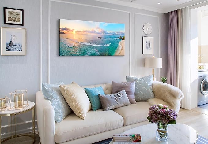 XXMWallArt FC3975 Tropical Beach Wall Art Blue Sea Sunset Natural Scenery Picture Print On Canvas Seascape Canvas Print Artwork for Living Room Bedroom Kitchen Home and Office Wall Decor
