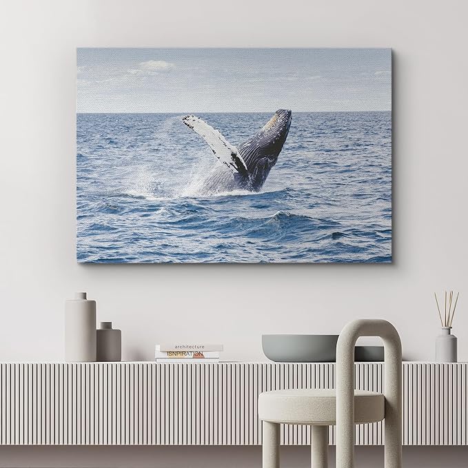 wall26 Canvas Print Wall Art Tropical Ocean Sea Water Horizon Blue Whale Nature Animals Photography Realism Rustic Scenic Landscape Wilderness Colorful for Living Room, Bedroom, Office - 32"x48"