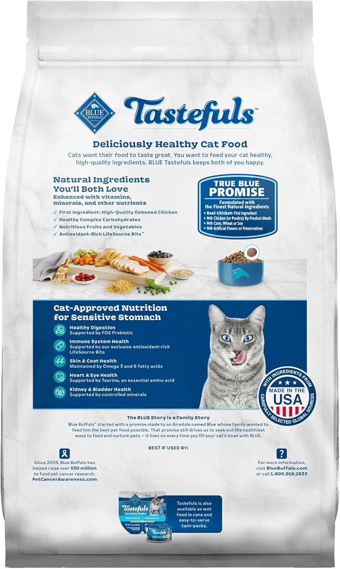 Blue Buffalo Tastefuls Natural Dry Food for Adult Cats, Sensitive Stomach, Chicken & Brown Rice Recipe, 3-lb. Bag