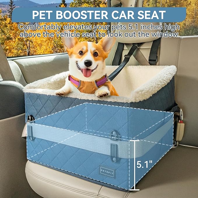 PETSFIT Pet Car Seat for Small Dogs, Soft Foam Dog Booster Car Seat with Patented Safety Buckles, Storage Pockets and Detachable Clip-On Safety Leash, Dog Carseat for Small Dogs Under 30 LBS (Blue)