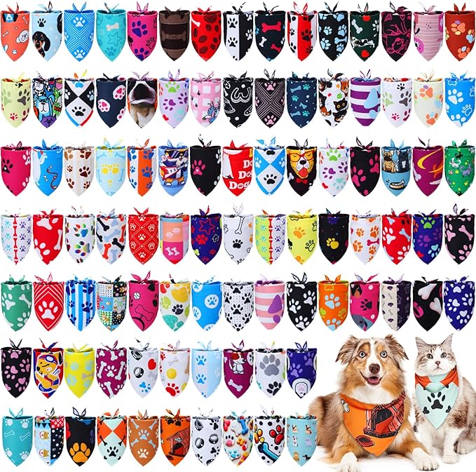 100 Pcs Paw Dog Bandanas Bulk Pet Bibs Colorful Triangle Scarf Paw Pattern Pet Bandanas for Medium Large Dogs Holiday Summer Birthday Costume Decor