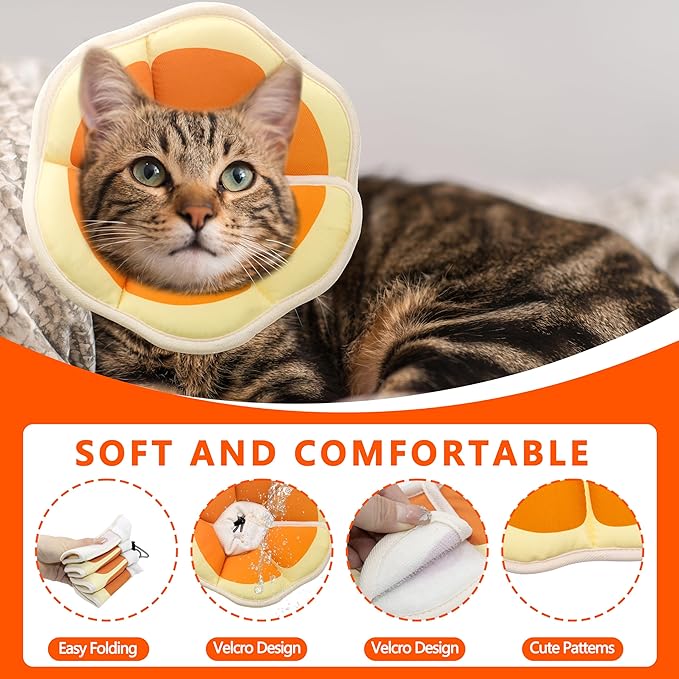 Soft Adjustable Recovery Collar - Comfortable Elizabethan Neck Protective Collar for Cats After Surgery (Orange, Small)