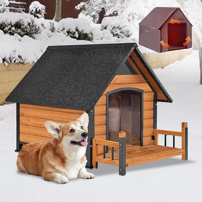GUTINNEEN Insulated Dog House Outdoor, Waterproof Dog Kennel with Anti-Bite Design, Asphalt Roof, Elevated Base, PVC Curtain, for Small to Medium Dogs - Brown