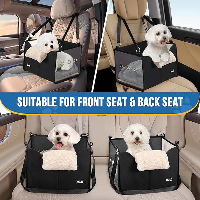 SlowTon Dog Car Seat for Small Dogs - Elevated Portable Dog Booster Seat Under 18 lbs, Pet Dog Travel Carrier with Clear Side Panel, Safety Belt and Soft Cushion