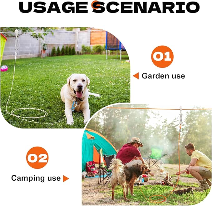 100ft Dog Runner for Yard Large Dog Heavy Duty with Double Shock Absorbers Tangle-Free Aerial Trolley System for Large Dogs Up to 250lbs (Orange)