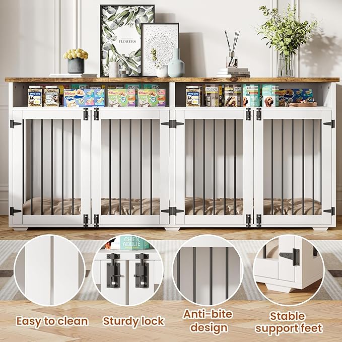 72'' Dog Crate Furniture for 2 Dogs, Wooden Dog Cage with Storage Compartment, Indoor Dog Kennel with 4 Doors for Large/Medium Dogs, White