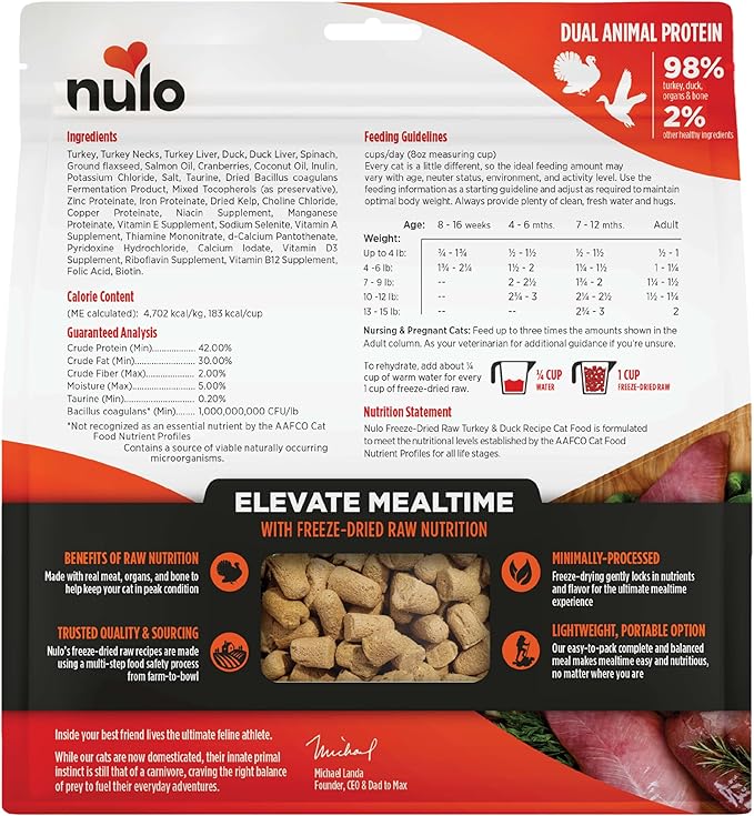 Nulo Freestyle Freeze-Dried Raw, Ultra-Rich Grain-Free Dry Cat Food for All Breeds and Life Stages with BC30 Probiotic for Digestive and Immune Health, Turkey & Duck, 5.5 Ounce