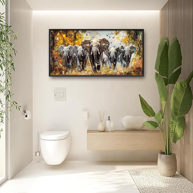 Extra Large Elephant Framed Wall Art for Living Room,Oversized Elephants Wild Animal Pictures Wall Decor,Forest Landscape Canvas Print Painting Modern Artwork Bedroom Office Bathroom 60L" x 30W"