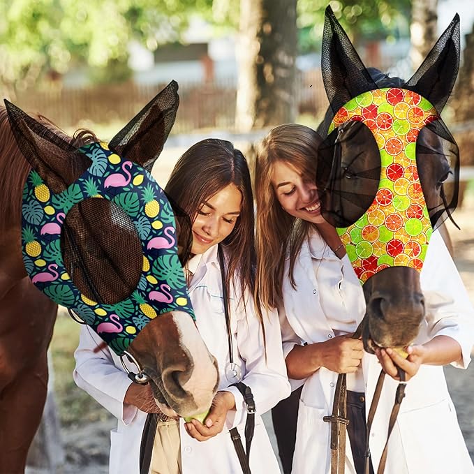 Frienda 4 Pieces Horse Fly Masks with Ears Face Covering UV Protection from Insect Pests Elasticity Smooth Comfortable Mesh Horse Mask Accessories(Fruit,Medium)