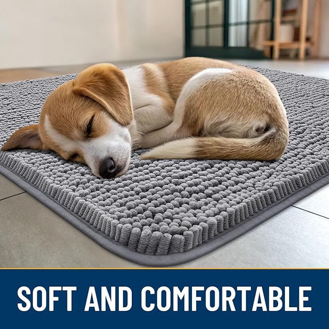 Smiry Dog Door Mat for Muddy Paws 36x24, Absorbs Moisture and Dirt Doormat, Non-Slip Washable Quick Dry Chenille Front Door Mat Indoor Entrance, Entryway Carpet for Inside Floor, Grey