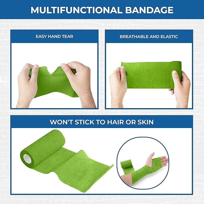 Self Adhesive Bandage Wrap - Pack of 12 Assorted Colors, Non-Woven, Breathable & Water-Resistant Vet Wrap for First Aid, Sports Injury, Body Sprains, & Pets - 4 Inch x 5 Yards