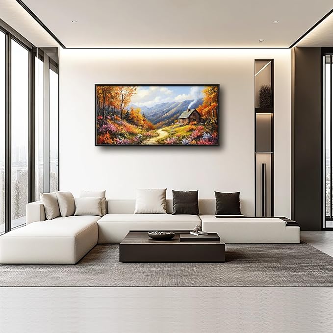 Framed Large Autumn Mountain Wall Art for Living Room, Oversized Wildflower Tree Wall Decor Nature Landscape Canvas Painting Modern Artwork Home Decoration for Living Room Bedroom 60"x30"