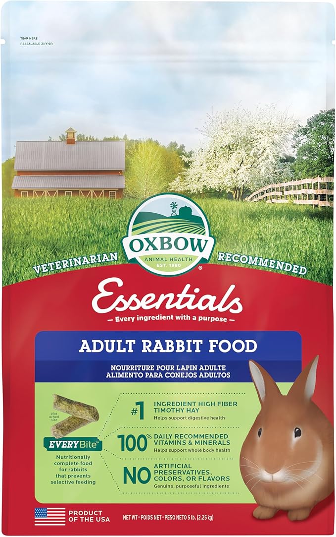 Oxbow Essentials Rabbit Food, Adult Rabbit, Made with Oxbow Timothy Hay, Pet Pellets with Vitamins & Minerals, Small Animal Pet Products, Bunny Supplies, Made in USA, Bunny Food, 5 lb