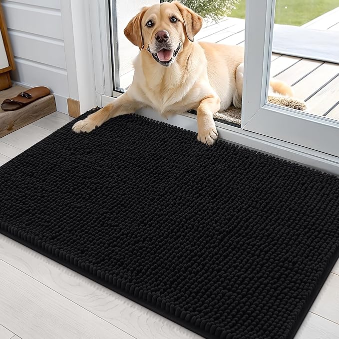 OLANLY Dog Door Mat for Muddy Paws 36x24, Absorbs Moisture and Dirt, Absorbent Non-Slip Washable Doormat, Quick Dry Chenille Mud Mat for Dogs, Entry Indoor Entryway Carpet for Inside Floor, Black
