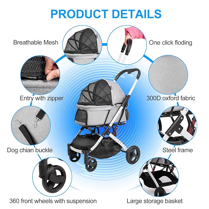 Pet Stroller for Medium Small Dog & Cat, Foldable Lightweight Dog Stroller with Storage Basket Pet Travel Carriage with Safety Leashes, 4 Wheel, Gray