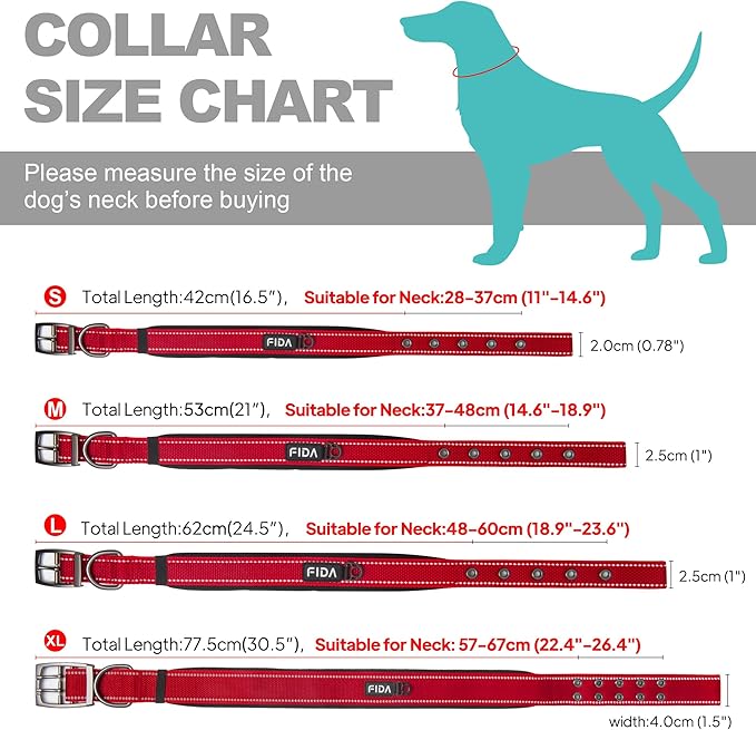 Fida Heavy Duty Dog Collar, Ultra Comfortable Soft Neoprene Padded, Adjustable Reflective Nylon Pet Collar with Durable Metal Belt Buckle for Medium Breeds (M, Red)
