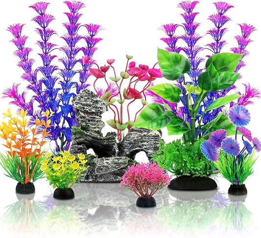 Fish Tank Accessories Aquarium Decorations Plants, 9pcs Colorful Fish Tank Artificial Plants and Cave Rock Decor Set, Aquarium Decor Plastic Plants